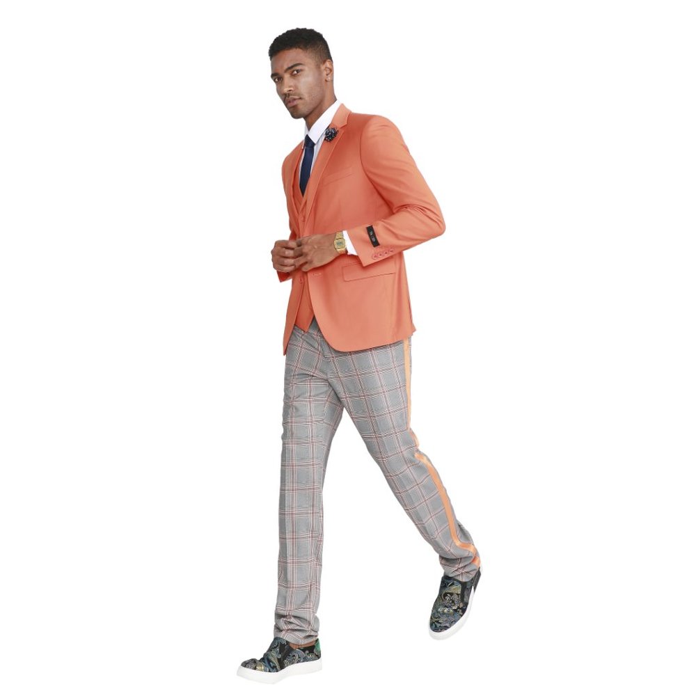 Orange Skinny Fit 3pc Suit w/ Plaid Pants by Sean Alexander